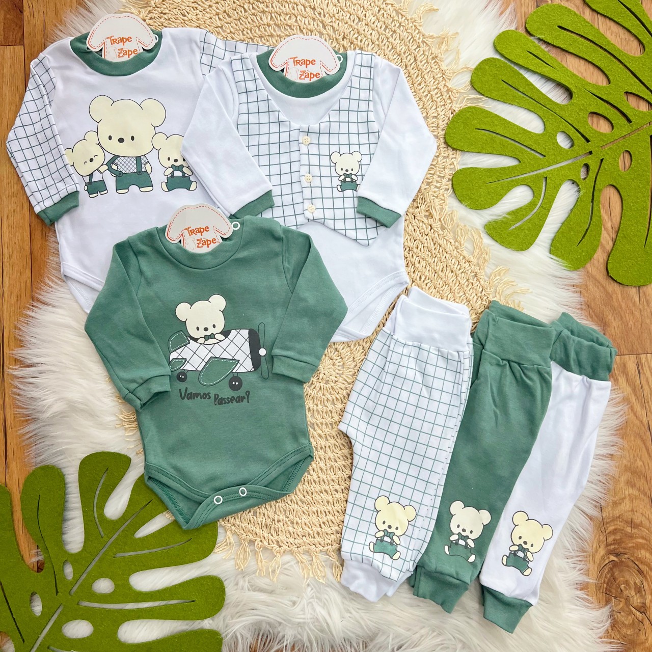  Kit 6 Peças - Ursinhos de Gravatinha - Verde e Branco